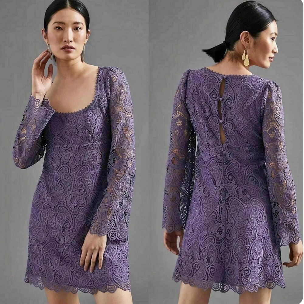 NWT Anthropologie Maeve 2 Purple Lavender Embroidered Lace Long Sleeve Dress